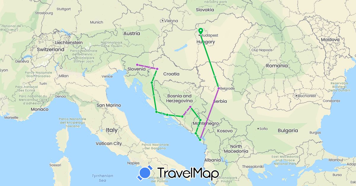 TravelMap itinerary: driving, bus, train in Bosnia and Herzegovina, Croatia, Hungary, Montenegro, Serbia, Slovenia (Europe)